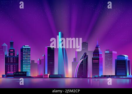 Vector modern megapolis at dawn. Bright glowing of rising sun on buildings. Urban skyscrapers in neon colors, town exterior, architecture background. Stock Vector