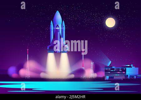 Future space shuttle night start from launch pad near flight control center cartoon vector illustration in neon colors. Space exploration program frei Stock Vector