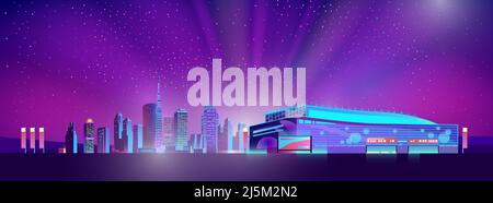 Vector shining supermarket out of town, modern megapolis. Bright glowing of rising sun on buildings, dawn. Urban skyscrapers in neon colors, town exte Stock Vector