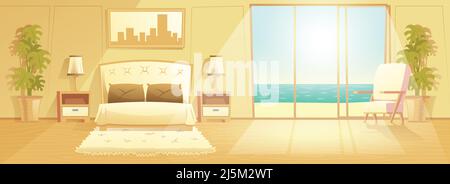 Sunny bedroom in villa on seashore, luxury resort hotel spacious apartments classic design interior cartoon vector with comfortable furniture, tropica Stock Vector