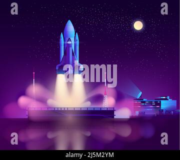 Night start, launching space shuttle, future cargo rocket from sea or oceanic floating platform cartoon vector in neon violet colors. Space exploratio Stock Vector