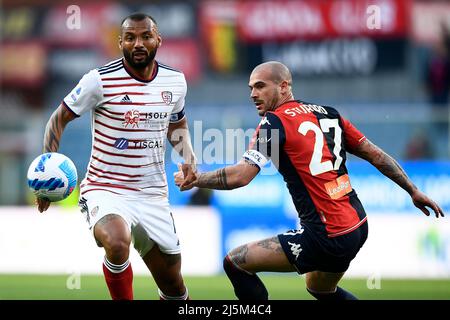 Genoa, Italy. 24 April 2022. Players of Genoa CFC celebrate the