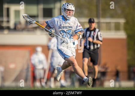 April 23, 2022: Johns Hopkins fo Logan Callahan (35) brings the ball upfield during the ncaa men's lacrosse regular season finale between the Maryland Terrapins and the Johns Hopkins Blue Jays at Homewood Field in Baltimore, Maryland Photographer: Cory Royster Stock Photo