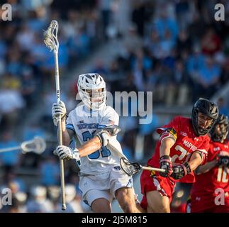April 23, 2022: Johns Hopkins defender Owen McManus (31) and Maryland midfielder Jack Koras (22) during the ncaa men's lacrosse regular season finale between the Maryland Terrapins and the Johns Hopkins Blue Jays at Homewood Field in Baltimore, Maryland Photographer: Cory Royster Stock Photo