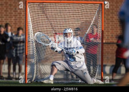 April 23, 2022: Johns Hopkins goalie Josh Kirson (8) in goal during the ncaa men's lacrosse regular season finale between the Maryland Terrapins and the Johns Hopkins Blue Jays at Homewood Field in Baltimore, Maryland Photographer: Cory Royster Stock Photo