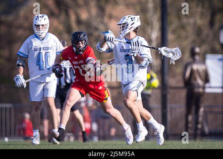 April 23, 2022: Johns Hopkins attack Connor DeSimone (3) passes the ball during the ncaa men's lacrosse regular season finale between the Maryland Terrapins and the Johns Hopkins Blue Jays at Homewood Field in Baltimore, Maryland Photographer: Cory Royster Stock Photo