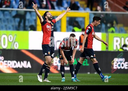 Genoa, Italy. 24 April 2022. Players of Genoa CFC celebrate the