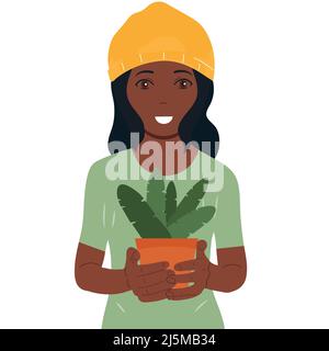 Portrait of a girl holding a potted flower in her hands. Ecology. Stock Vector