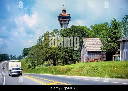 June 22, 1992 Branson, Missouri USA: Missouri Highway 76 passes in front of Shepherd of the Hills Farm west of Branson, Missouri. Stock Photo