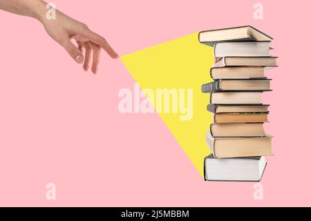 Light ray coming from woman hand to books stack on pink background. Education, getting knowledge, wisdom concept. Collage. High quality photo Stock Photo