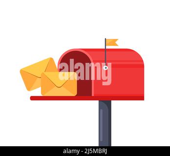 Mailbox with a raised flag, with an open door and letters inside. Red post box with envelope, isolated on white background. Vector illustration Stock Vector