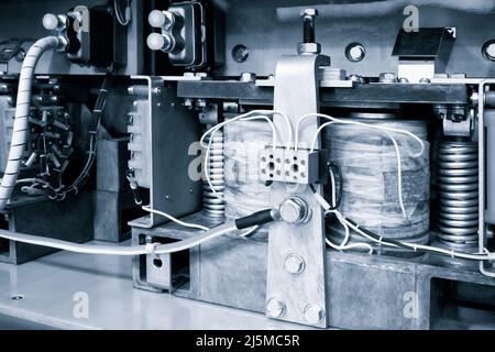 Close-up switch. Voltage distributor with circuit breakers. Electric background. Power supply of an industrial facility. Electricity supply. Stock Photo