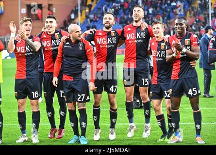 Genoa, Italy. 24 April 2022. Players of Genoa CFC celebrate the