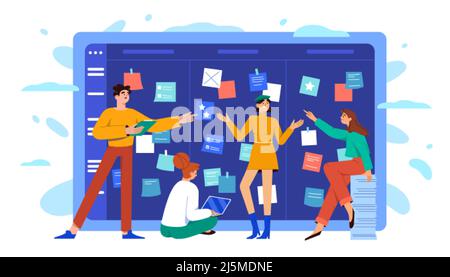 Flat business team at scrum board with sticky notes. Teamwork working together, discussing and organizing project schedule, scheme methodology. Group of people programming with tasks tracker in office Stock Vector