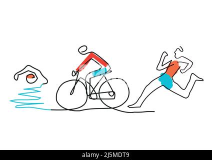 Triathlon cycling swimming , line art. Illustration of Triathlon athletes. Continuous Line Drawing . Vector available. Stock Vector