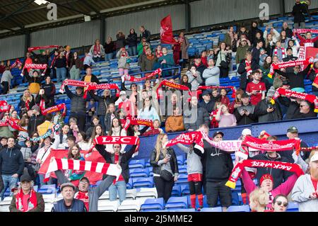 Birkenhead, UK. 24th Apr, 2022. Liverpool team celebrate with trophy after  winning the FA Women's Championship 2021-22 after winning the Womens  Championship football match between Liverpool and Sheffield United 6-1 at  Prenton