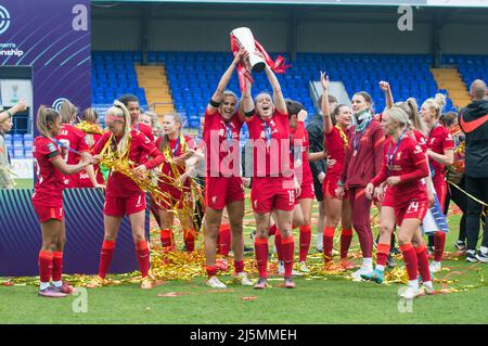 Birkenhead, UK. 24th Apr, 2022. Liverpool team celebrate with trophy after  winning the FA Women's Championship 2021-22 after winning the Womens  Championship football match between Liverpool and Sheffield United 6-1 at  Prenton