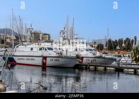 Coast Guard ships of the Italian Coast Guard moored in Palermo Harbour, Sicily, Italy. Stock Photo