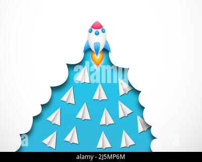 Winning against competition and performance concept. Paper cut illustration of rocket outperforming paper planes during take-off. Successful race agai Stock Vector