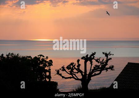 Isle of Portland. 24th April 2022. UK Weather. A pastel sunset over Lyme Bay, Isle of Portalnd. Credit: stuart fretwell/Alamy Live News Stock Photo