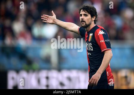 Genoa, Italy. 24 April 2022. Players of Genoa CFC celebrate the