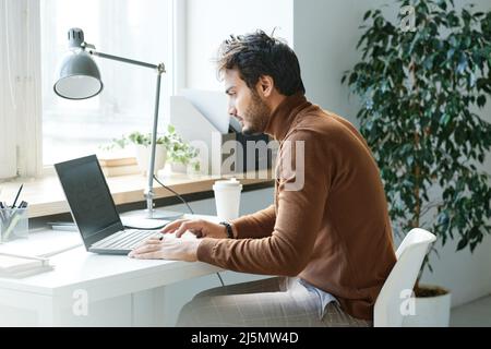 Focused young male project manager with stubble sitting at table with lamp and examining online document on laptop Stock Photo