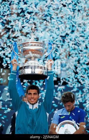 Barcelona, Spain. 24th Apr, 2022. Carlos Alcaraz celebrates the victory after the final match of the Barcelona Open Banc Sabadell at Real Club De Tenis Barcelona in Barcelona, Spain. Credit: Christian Bertrand/Alamy Live News Stock Photo
