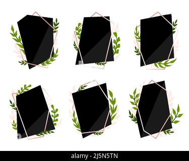 Botanical polygonal frame leafy poster black flat set. Vntage blank shape signage invitation sticker wedding event holiday. Geometric natural elegant deciduous branch delicate graphic banner isolated Stock Vector