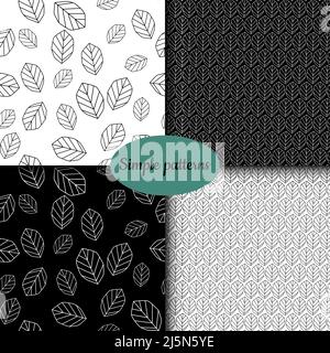 Four simple seamless patterns of black and white leaves set. Monochrome single leaf design that repeats. Botanical stylish background for fabric, postcards, notebook and scrapbook. Vector illustration Stock Vector