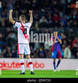 Barcelona, Spain. 24th Apr, 2022. Vallecano's Mario Suarez celebrates the victory after a La Liga Santander match between FC Barcelona and Rayo Vallecano in Camp Nou, Barcelona, Spain, on April 24, 2022. Credit: Joan Gosa/Xinhua/Alamy Live News Stock Photo