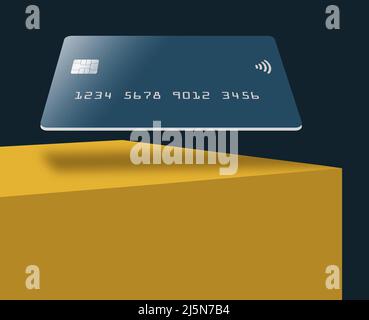 A generic mock credit or debit card is seen hovering over a box or table in a 3-d illustration. Stock Photo