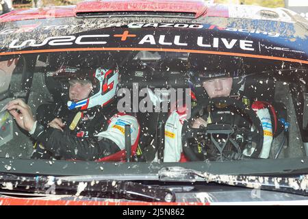 Zagreb, Croatia. 24th Apr, 2022. Kalle Rovanpera (R) and his co-driver Jonne Halttunen of Finland compete in their Toyota GR Yaris Rally1 car during the 2022 Croatia Rally, third round of the FIA World Rally Championship in Kumrovec, Croatia, on April 24, 2022. Credit: Luka Stanzl/PIXSELL via Xinhua/Alamy Live News Stock Photo
