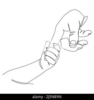 Parent hold child hand continuous line draw design. Sign and symbol of hand gestures. Single continuous drawing line. Hand drawn style art doodle isol Stock Vector