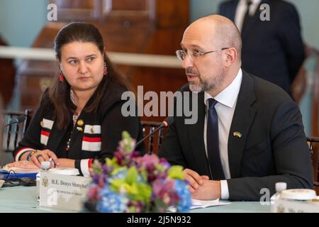 Secretary of State Antony J. Blinken meets with Ukrainian Prime Minister Denys Shmyhal at the U.S. Department of State in Washington, D.C., on April 22, 2022. [State Department photo by Ron Przysucha) Stock Photo