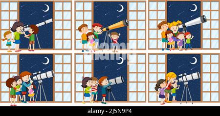 Set of different kids observe night sky with telescope illustration Stock Vector