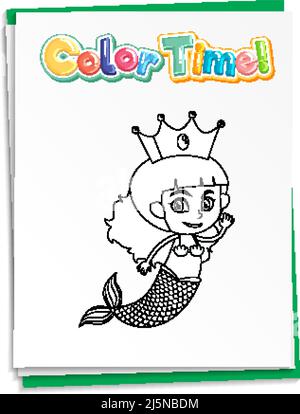 Worksheets template with color time text and mermaid outline illustration Stock Vector