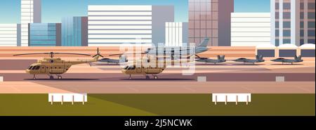 jet-powered strategic bomber planes and helicopters special battle transport on military airport runway and aviation control point Stock Vector