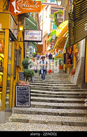 Steep walking street in Bellagio on the shores of Lake Como in northern Italy. Stock Photo