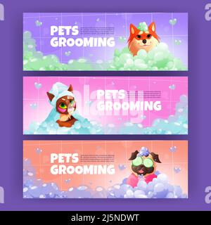 Pets grooming cartoon banners with funny dogs and cat applying spa procedures. Cute animals wear turban or cucumber slices on eyes sitting in foamy tub with shampoo bubbles, Vector illustration Stock Vector
