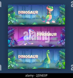 Cartoon banners with dinosaurs brontosaurus, tyrannosaurus rex and triceratops prehistoric animals in jungle rainforest. Invitation flyers to Jurassic era park with ancient dino, Vector illustration Stock Vector