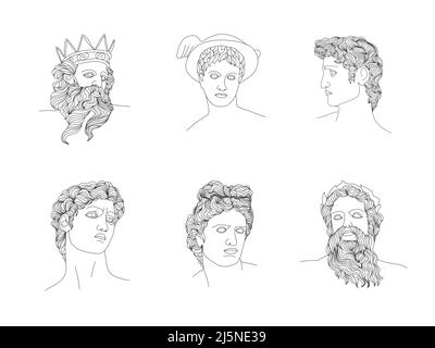 Ancient greek sculpture. Set of linear gods antique statues. Trendy vector illustration in one line drawing style. Hand drawn outline male silhouettes Stock Vector