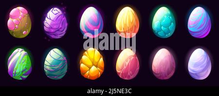 Cartoon dragon eggs with different eggshell textures isolated set, Fairy tale ui game assets, strange dinosaurs, reptiles, birds, monsters or Easter colorful ovum design elements, Vector illustration Stock Vector
