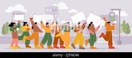 People with placards and banners protest on rally demonstration. Characters with red hearts, flags and signs crossing road at city street. Activists crowd picketing, Line art flat vector illustration Stock Vector