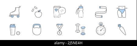 Fitness, healthy lifestyle doodle icons. Isolated vector roller skates, apple, pills and mobile app, water bottle, meter and slim figure. Shaker, weight, medal and dumbbells with stopwatch and carrot Stock Vector