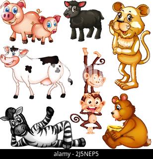 Cute animals cartoon set on white background illustration Stock Vector