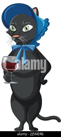 A black cat standing on two legs and sipping wine illustration Stock Vector