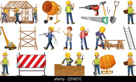 Set of construction site objects and workers illustration Stock Vector