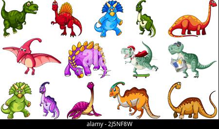 Many dinosaurs on white background illustration Stock Vector