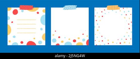 Set of cute colorful dot notepad with tape hand drawn vector illustration. Template paper for sticker note, memo. Cartoon style. Isolated on white. Stock Vector