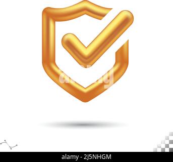 safety icon symbol shield and checkmark 3d effect rounded corners yellow gold shine with shadow Stock Vector